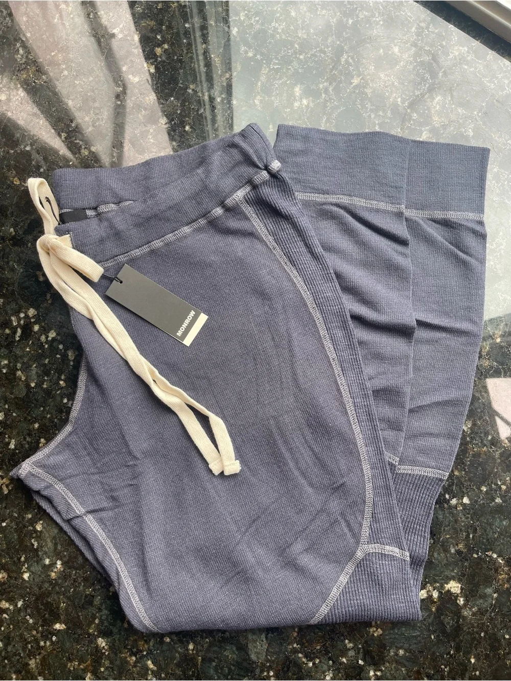 Monrow Navy Knit Drawstring Athletic Pants  with Cream Tie